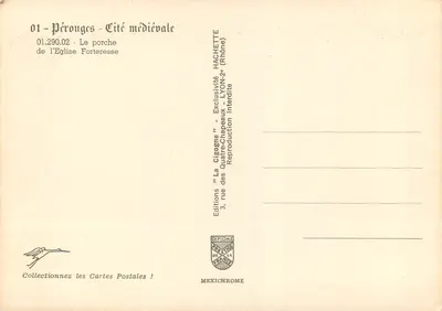 Pérouges - Cidade medieval — O portal da igreja fortificada — Edições Hachette — Verso