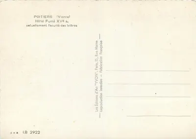 Poitiers — Hotel Fumé, séc. XV — Les Éditions d'Art 'YVOIN', Paris — Verso