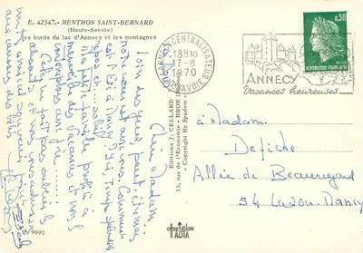 Menthon-Saint-Bernard — as margens do lago de Annecy e as montanhas — Editions J. Cellard, n° E. 42347 — Verso