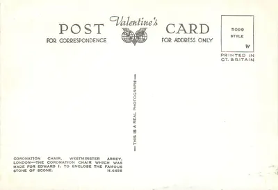 Sedia del coronamento — Abbey di Westminster — Cartolina Valentine's — Verso