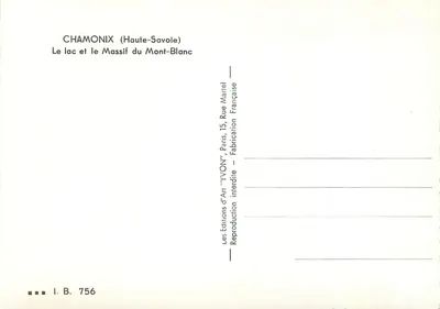 Chamonix (Haute-Savoie) — Widok jeziora i masowca Mont-Blanc — Wydawnictwo Sztuki 'YVON', Paryż — Rewers