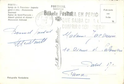 Porto - Igreja de S. Francisco - Aspecto geral e coro - Monumento Nacional — Éd. L. Marcolin, n° 70 — Verso