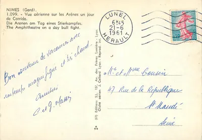 Nîmes (Gard) — Widok z lotu nad Arenami w dzień corridy — Wydawnictwo Braci Lumière, Lyon, nr 1.099 — Rewers