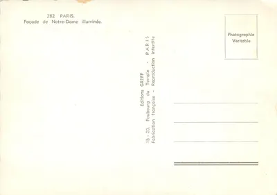 Notre-Dame w Paryżu — oświetlona fasada — Wydawnictwo GREFF, nr 282 — Rewers