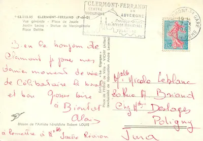 Clermont-Ferrand — ogólne widok z Placem Jaude, Ogród Lecoq, Statua Vercingétorixa — Wydawnictwo «La Cigogne» — Rewers