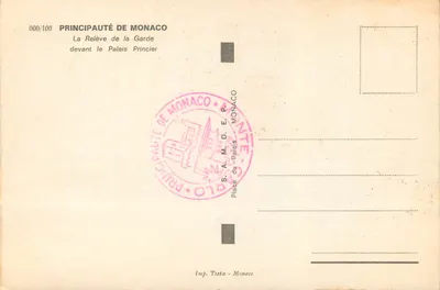 La Relève de la Garde devant le Palais Princier — Principauté de Monaco — Imp. Testa, n° 000/100 — Rewers