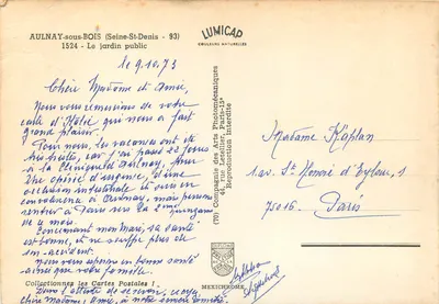 Jardin public d'Aulnay-sous-Bois — wydawca LUMICAP, n°1524 — Rewers