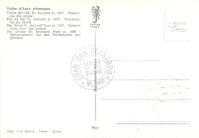 Pitoreska dolina Aosty — Widok z przełęczu Grande Saint-Bernard m. 2467 — Wydawnictwo F.lli Enrico - Ivrea — Rewers