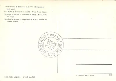 Przełęcz Gr. S. Bernardo m. 2476 — Brat i jego psy — P. Marzari S.R.L. Schio n°248 — Rewers