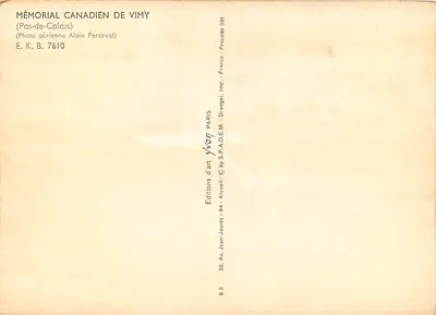 Memorial Canadense de Vimy — Pas-de-Calais — Éditions d'art Yvon, Paris — Verso