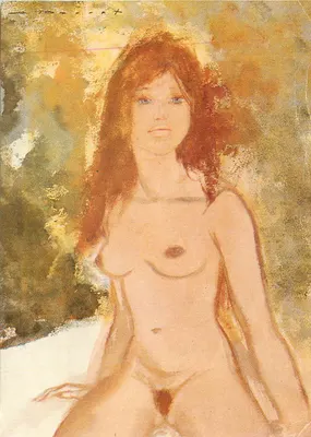 Nu sentado — pintura aquarelada — sem editor ou número de série visível
