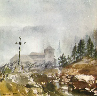 Cruz e igreja em um paisagem montanhosa — ilustração — editor e número de série ilegíveis