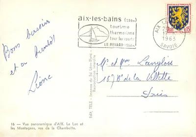 Panoramiczny widok Aix-les-Bains — Jezioro i Góry, widziane z Chambotte — Wyd. TELE — Rewers