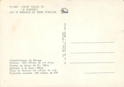 Represa de Serre Ponçon — Dauphiné — Edições J. Cellard — Verso