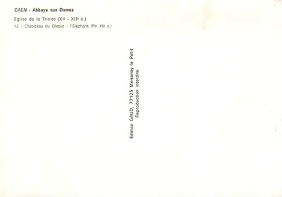 CAEN - Abbaye aux Dames — Iglesia de la Trinidad, capitel del coro: el elefante (finales del siglo XI) — Edición CAUD 77125, Petit le Moisenay — Reverso