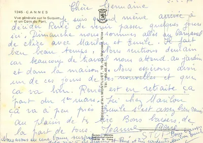 Cannes — Allgemeiner Blick auf den Suquet und eine Ecke des Hafens — Éditions d'Art Montluel, n° 1245 — Rückseite