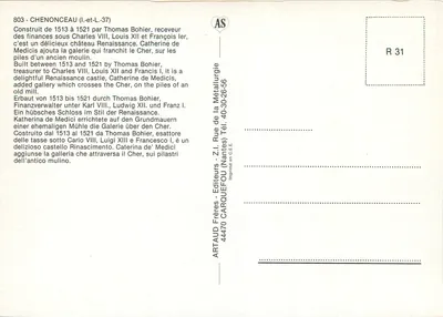 Zamek Chenonceau — Zamek renesansowy nad rzeką Cher — Wydawca ARTAUD Frères, nr 803 — Rewers