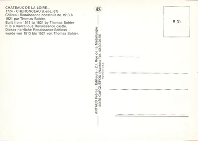 Zamek Chenonceau — Renesans — Artaud Frères, R 31 — Rewers
