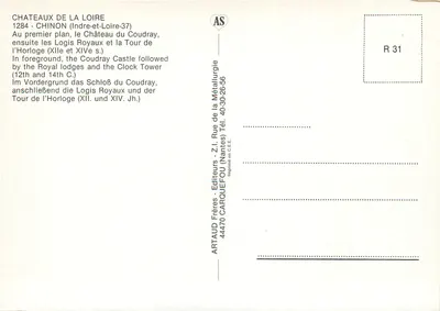 Castelli della Loira — Castello del Coudray, Logis Royaux, Torre dell'Orologio — Artaud Frères, R 31 — Verso
