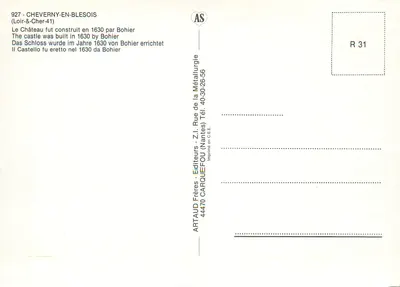 Zamek Cheverny — Cheverny-en-Blesois — Wydawca ARTAUD Frères — Rewers