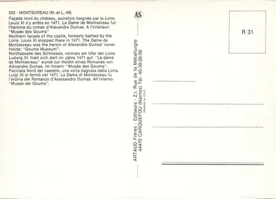 Zamek Montsoreau — północna fasada z Loirą — wydawca ARTAUD Frères, Nantes, n° 503 — Rewers