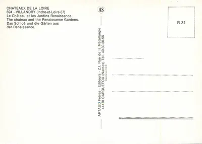 Castelo de Villandry — Jardins da Renascença — Artaud Frères, n° R 31 — Verso