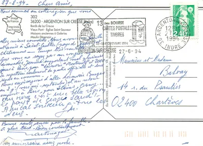 Argenton-sur-Creuse — widok miasta i mostu — Wydawca: J. Bouchet, n° 302 — Rewers