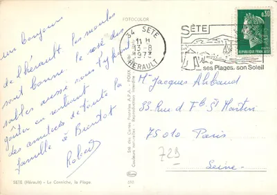 Sète (Hérault) - A Corniche, a Praia — Sté das Cartas Postais A.P.A. n°518 — Verso