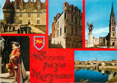 Bergerac — Castelo de Henri IV, igreja, estátua de Cyrano, vista sobre a Isle — (H-T) © cap-théolac b.p. 15 87350 parnazol