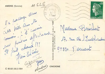 Amiens — widok katedry, ogrodu, teatru i rzeźby — wydawca Cimcrome — Rewers