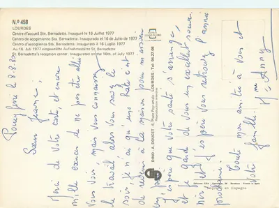 Centro de acogida Ste. Bernadette — Lourdes — Editor FISA, n.º 458 — Reverso