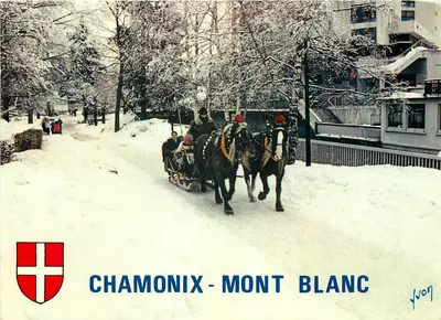 Chamonix-Mont Blanc — cena invernal com trenó puxado por dois cavalos — editor Yvon