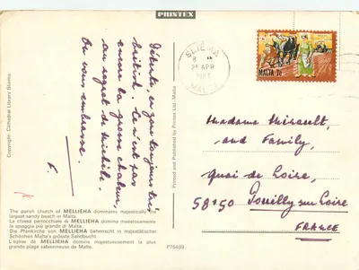 Zachód słońca nad kościołem parafialnym w Mellieha, Malta — P75499 — Printex Ltd. — Rewers