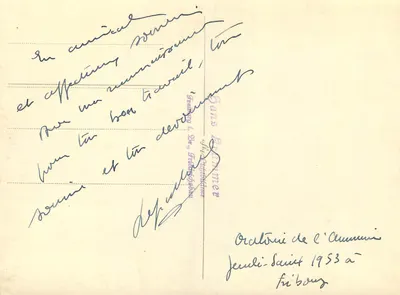 Religieuze ceremonie — Oratorium van de Acumuni — Donderdag de Heilige 1953 in Fribourg — Achterkant
