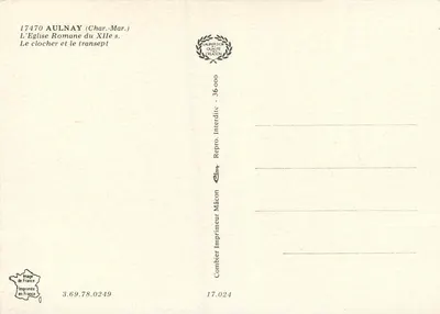 Aulnay (Charente-Maritime) — Igreja romana do século XII — Editor Cing, n° 36.000 — Verso