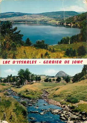 Lac d'Issarles - Gerbier de Jonc — vue panoramique avec rivière et montagne, éditeur Mexichrome