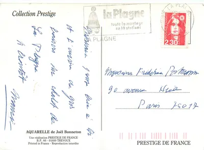 La Plagne — montanha em 10 estações — Aquarela de Joël Bonneton — Verso
