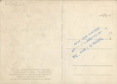 Owca — rysunek Albrechta Dürera — wydawca F.A. Ackermann, nr 3333 — Rewers