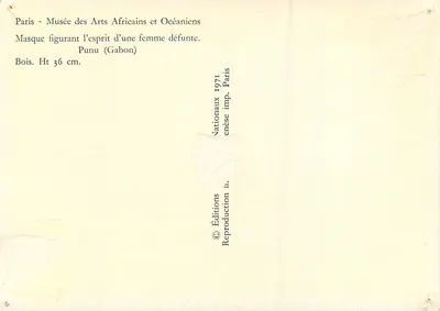 Maschera dello spirito di una donna defunta — Punu (Gabon) — Edizioni NATIONAUX 1971 — Verso