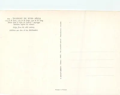Carruagem do século XVIII — decoração no estilo Lancret, interior forrado de veludo — H. Benoit-Gebelin, Paris — Verso
