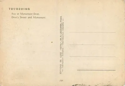 Tarjeta postal moderna Tourcoing Calle y Monumento Dron — Reverso