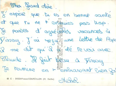 Dissay-sous-Courcillon — otoczenie Zamek Loir, skrzyżowanie ratusza, wejście do piwnicy, Zamek Joliverie — wydawca Combier, nr 72 — Rewers
