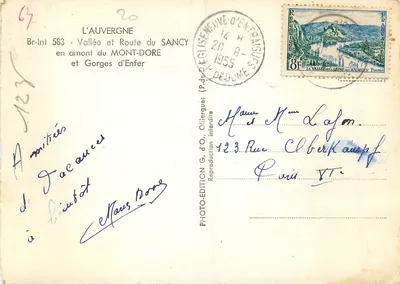 Gorges de la Dore — Vue des monts Puy de Jancy, Vallée d'Enfer, L'Aiguillier et Mont Redon — Édition G.d'O. — Verso