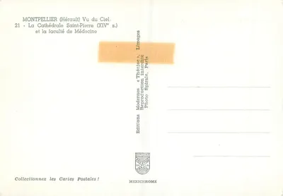 Montpellier (Hérault) — Widok z lotu nad katedrą Świętego Piotra (XIV w.) i uczelnią medyczną — Wydawnictwo « Théoljac », Paryż — Rewers