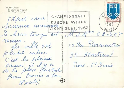 Vichy (Allier) — A Fonte do Hospital — Campeonato Europeu de Remo 1967 — Verso