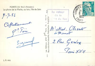 Pointe du Raz (Finistère) — Moloż w oddali, wyspa Sein — Wydawnictwo Art Martel, nr I.B. 446 — Rewers