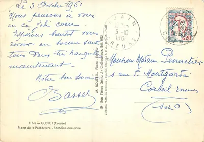Gueret — Praça da Prefeitura — Fonte antiga — M. Roussel, Editor — Verso