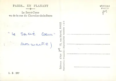 O Sacré-Cœur — vista da rue du Chevalier-de-la-Barre — Éditions d'Art Martel, Paris — Verso