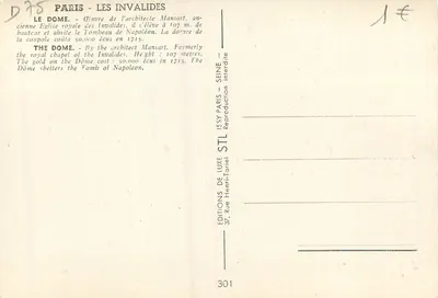 Paris - Les Invalides — Dôme — Éditeur STL, n°301 — Verso