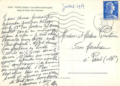 Vichy (Allier) - As Avenidas Sombreadas no Parque das Fontes — Editor Elcé, n° 11959 — Verso